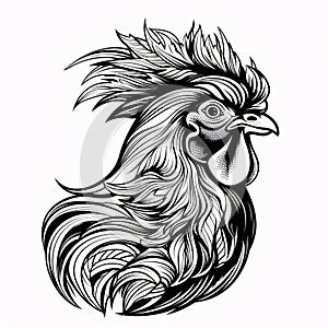 Black silhouette, tattoo of a head of a hen, rooster on white background. Vector