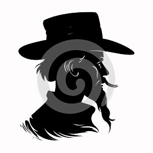 Black silhouette, tattoo of a head of a man wearing a hat with a beard on white isolated background. Vector