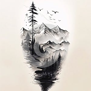 Black silhouette, tattoo of a landscape river, trees, mountains on white isolated background. Vector