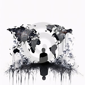 Black silhouette, tattoo of a man on the background of a world map on white isolated background. Vector