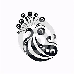 Black silhouette, tattoo of a peacock with feathers on white background. Vector