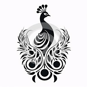 Black silhouette, tattoo of a peacock with feathers on white background. Vector