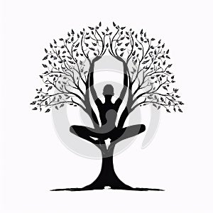 Black silhouette, tattoo of a tree, lotus on white isolated background. Vector