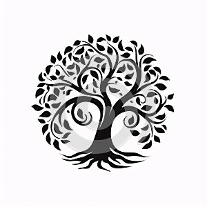 Black silhouette, tattoo of a tree on white background. Vector