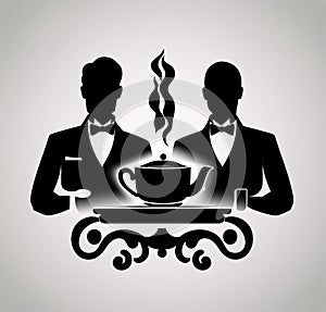 Black silhouette, tattoo of waiters with tray and kettle on white background. Vector