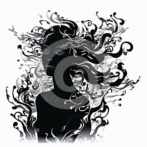 Black silhouette, tattoo of a woman with water blur on white background. Vector