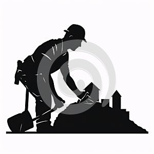 Black silhouette, tattoo of a worker with shovel on white isolated background. Vector