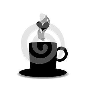 Black silhouette of tea or coffee cup with steam and heart