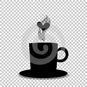 Black silhouette of tea or coffee cup with steam and heart