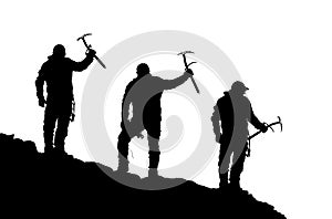 Black silhouette of three climbers with ice axe in hand
