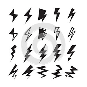 Black silhouette thunder and lightning bolt icons set on white