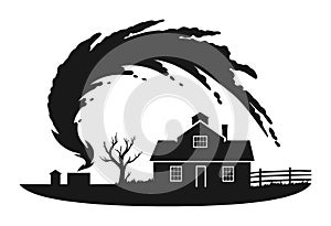 Black silhouette of a tornado approaching a farmhouse with a bare tree. Extreme weather and natural disaster scene
