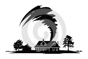 Black silhouette of a tornado touching down near a house with trees. Weather disaster and home danger concept vector