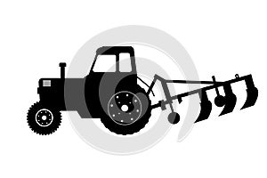 Black silhouette of tractor with plow. Farm machine. Side view. Isolated industrial drawing.