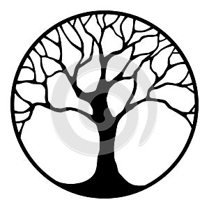 Black silhouette of a tree in a circle. Vector illustration.