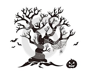 Black silhouette of tree with grunge texture. Vector Halloween illustration.