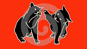 black silhouette of two cats with beige line art