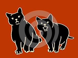 black silhouette of two cats with beige line art