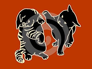 black silhouette of two cats with beige line art