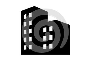 Black silhouette of two connected buildings with windows architecture white