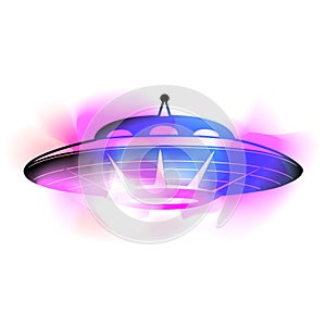 Black silhouette of a UFO with neon colorful paint stroke. Flying saucer. Unknown flying object. Vector object