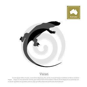 Black silhouette of varan on white background. Animals of Australia