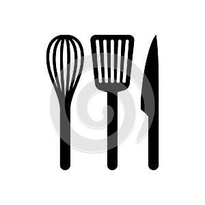 Black silhouette vector whisk, spatula and knife icon set.