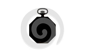 Black silhouette of a vintage pocket watch on a white isolated background. Octagonal timepiece dial. Outline of an old