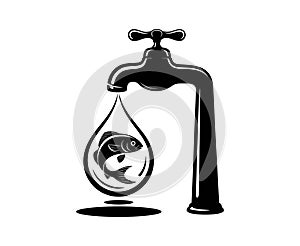 Black silhouette of a water faucet dripping a fish within a water droplet vector.