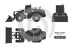 Black silhouette of wheel loader on white background. Top, side and front view. Diesel digger blueprint