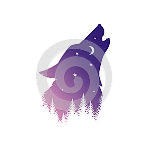 Black silhouette of a wild wolf and forest