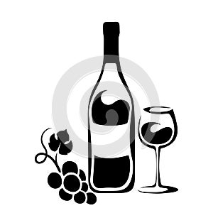 Black silhouette of a wine bottle, a glass and a grape vine. Vector illustration.