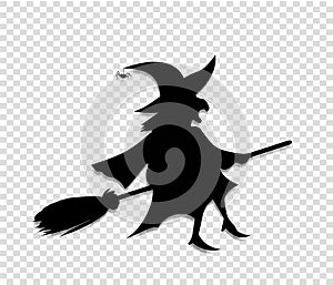 Black silhouette of witch fly on broomstick on transparent background.