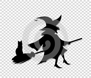 Black silhouette of witch flying on broom with cat isolated on transparent background.