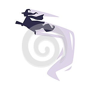 Black Silhouette of Witch Flying on Broomstick, Happy Halloween Cartoon Style Vector Illustration on White Background