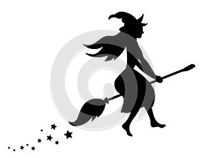 Black silhouette of a witch flying on a broomstick. Silhouette for the Halloween. Mystical illustration. Vector outline