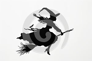 Black Silhouette of a witch flying on her broom on a white background