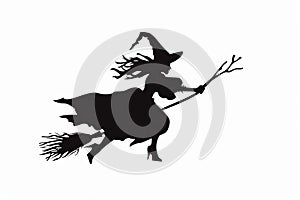 Black Silhouette of a witch flying on her broom on a white background