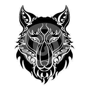 Black silhouette of wolf head front view on whte background. Stylized redator front view portrait. Vector sketch