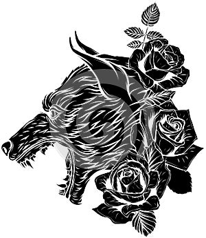 black silhouette of wolf and roses on whiet background
