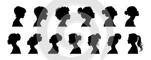 Black silhouette of woman big set, side view, face and neck only. Female silhouette. Set of vector womens silhouettes