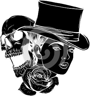 black silhouette of woman head with skull and rose vector