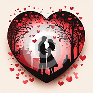 Black silhouette of a woman and a man in love couple in a red heart. Light background. Heart as a symbol of affection and