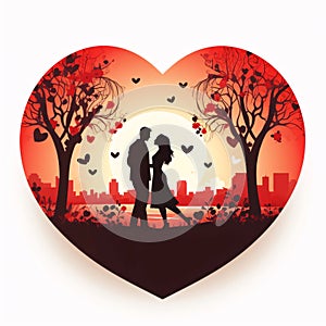 Black silhouette of a woman and a man in love couple in a red heart. Light background. Heart as a symbol of affection and