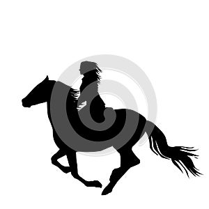 Black silhouette of a woman rider a running horse