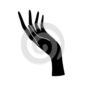 Black silhouette of woman\'s hand with beautiful long fingers. Witchery fortune telling astrology tarot concept. Logo element