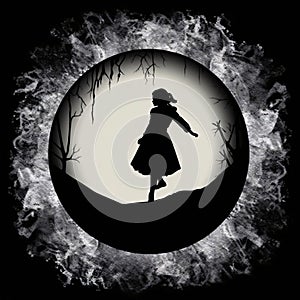 Black silhouette of a woman in a white circle around darkness