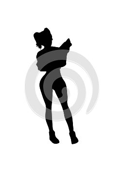 Black silhouette of a young cute girl with double ponytail wearing sweater and short