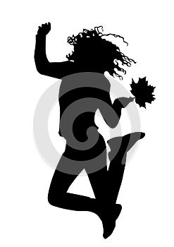 Black silhouette of a young joyful girl on  a  black background who jump up with developing hair