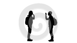 Black silhouette of young woman and man in sportswear with backpacks greeting each other, strike hand in hand. 2 in 1